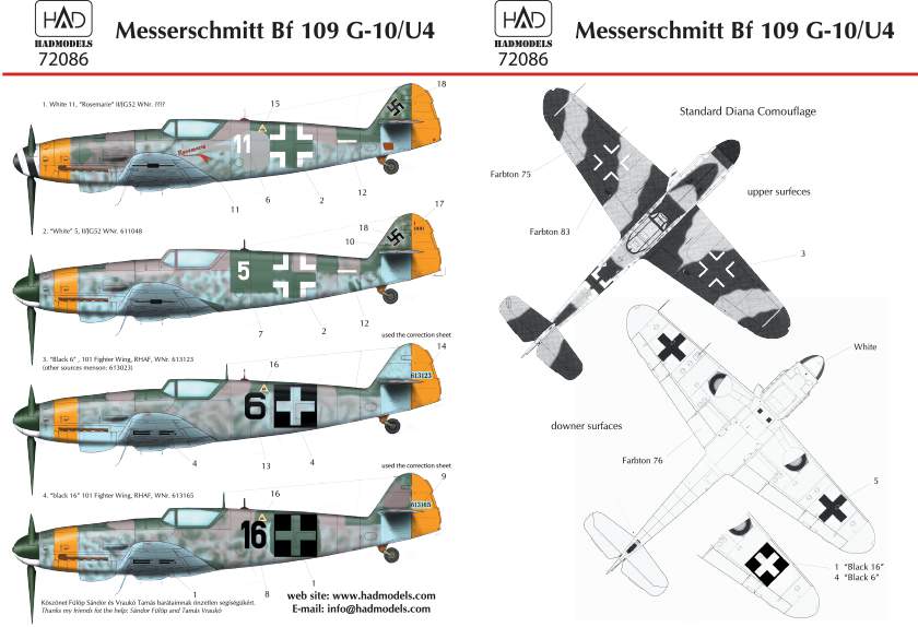 72086 Messerschmitt Bf 109 G-10 decal sheet 1:72