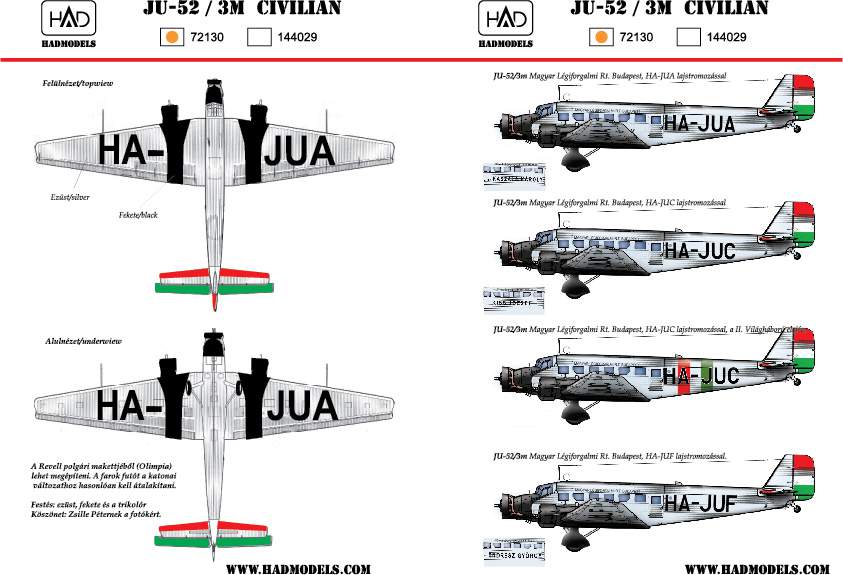 72130 Ju-52 civilian (HA-JUA, HA-JUC, HA-JUF) decal sheet 1:72