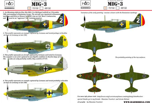 72132 MiG-3 ( with Captured Rumanian and German markings) decal sheet 1:72