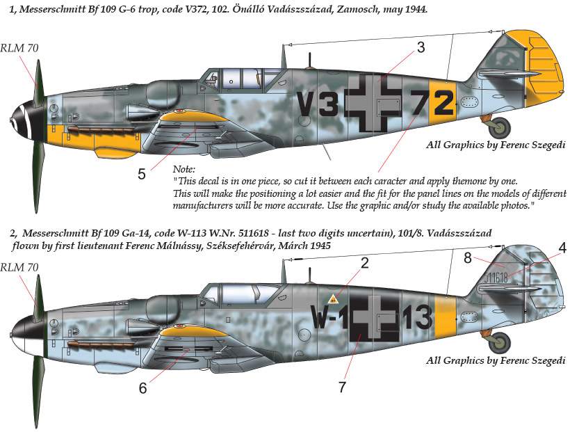 32055 Messerschmitt Bf 109 G-6 G-14 (V3+72 ; W1+13) decal sheet 1:32