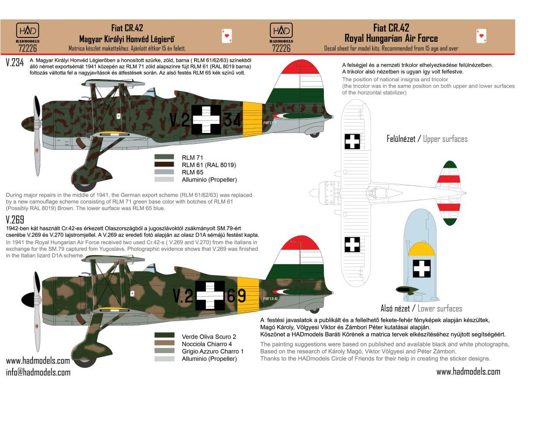 72226 CR-42 Royal Hungarian Air Force decal sheet 1:72