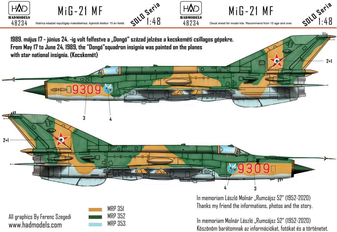 48234 MiG-21 MF HUNAF 9309 Dongó századjelzéssel matrica 1:48