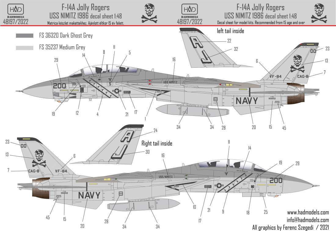 48197/2022 F-14A VF-84 Jolly Rogers1986 low visibility  matrica Stencilekkel 1:48