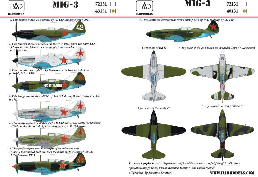 48131 MiG-3 (Russian white 42, red 02, Za Rodina, Za Stalina) decal sheet 1:48