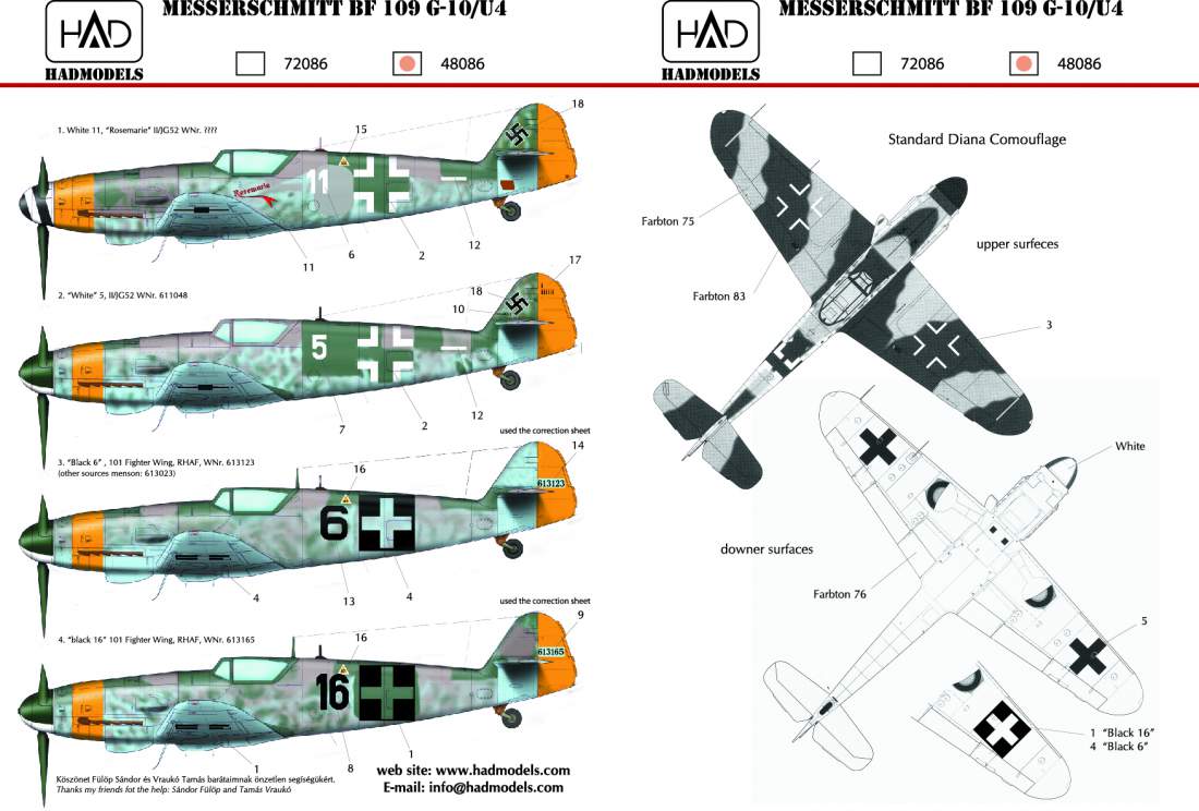 48086 Messerschmitt Bf 109 G-10 decal sheet 1:48