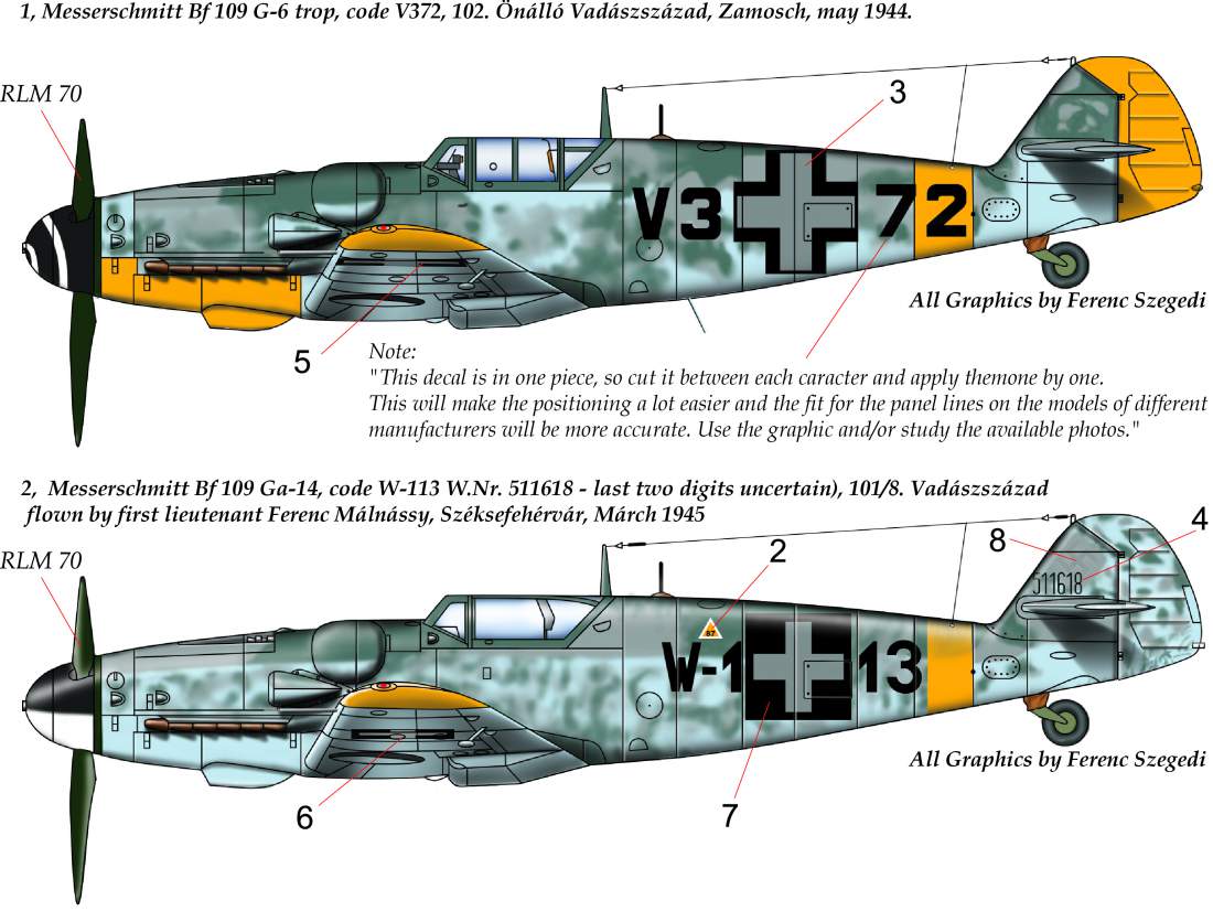 72177 Messerschmitt Bf 109 G-14  / G-6 Trop( HUN V3+72; W-1+13) decal
