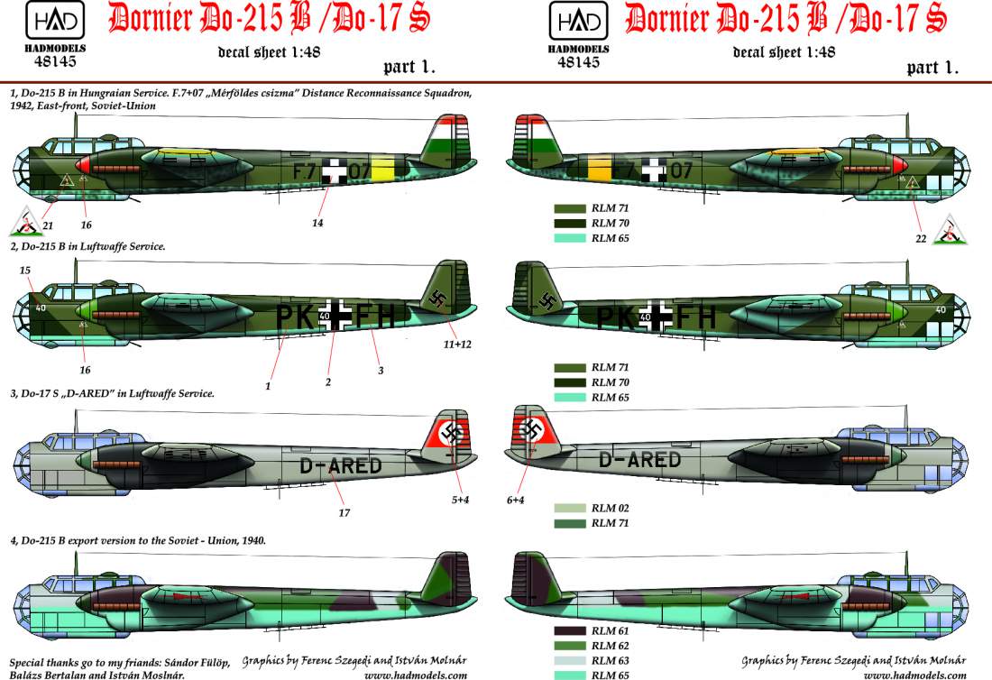 48145 Dornier Do-215 B/Do-17S ( ( Hungarian, Russian, Greman) matrica 1:48