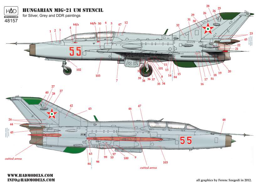 48157 MiG-21 UM HUnAF stencils for DDR  and Silver painting decal sheet 1:48