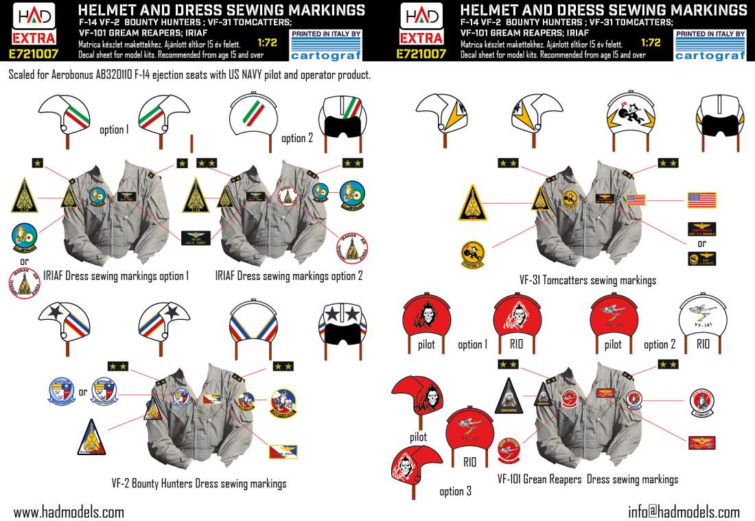 E721007 F-14A/D helmet and dress sewing marlkings VF-2, VF-101, VF-31 decal sheet 1:72
