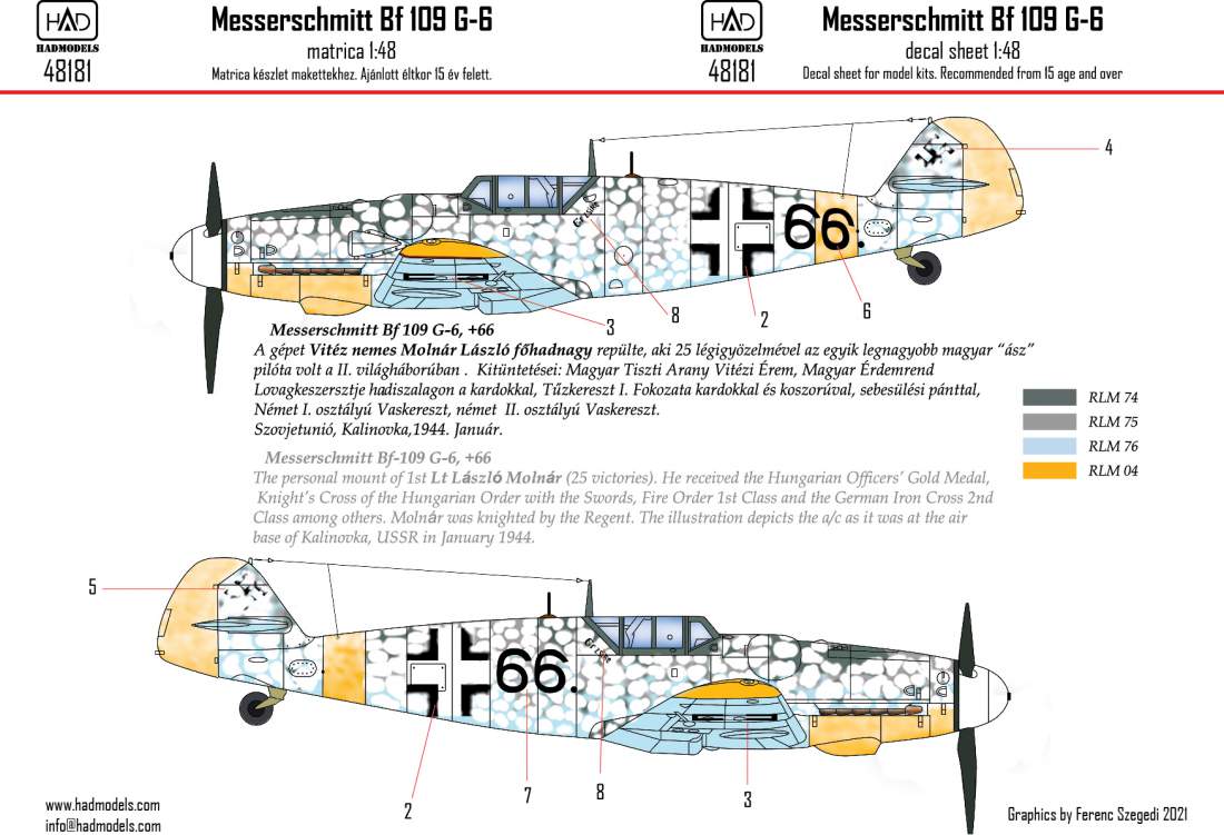 48181 Messerschmitt Bf 109 G-6 ”Erzsike” 66 decal sheet 1:48