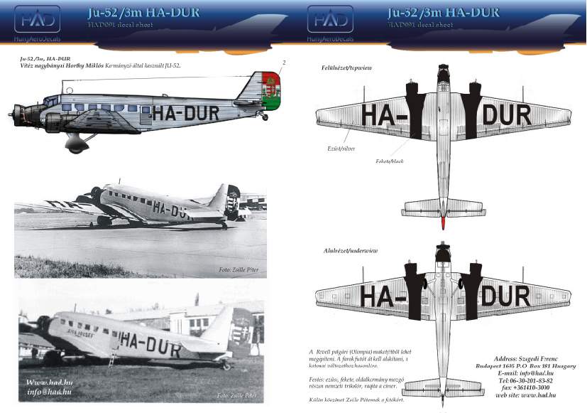 48091 Ju-52 (HA-DUR Miklós Horthy´s Plane ) decal sheet 1:48