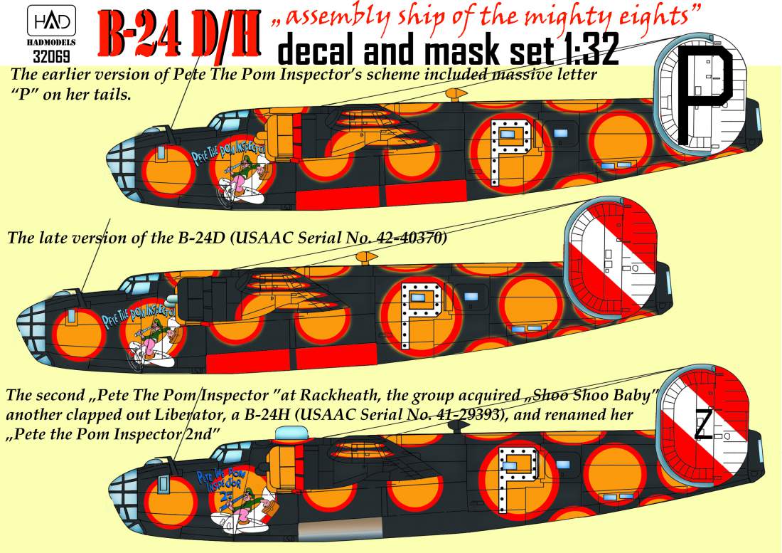 32069 B-24D /H ”Pete the Pom Inspector” decal and mask sheets 1:32